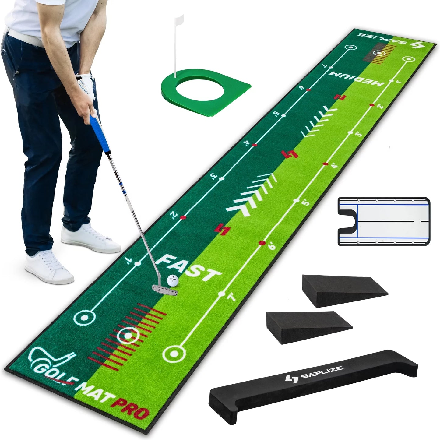 Two-Speed Golf Putting Practice Mat with Putting Alignment Mirror, 20 in X 10 Ft Putting Training Aid Mat, Anti-Slip Backing Golf Putting Green for Indoor/Outdoor