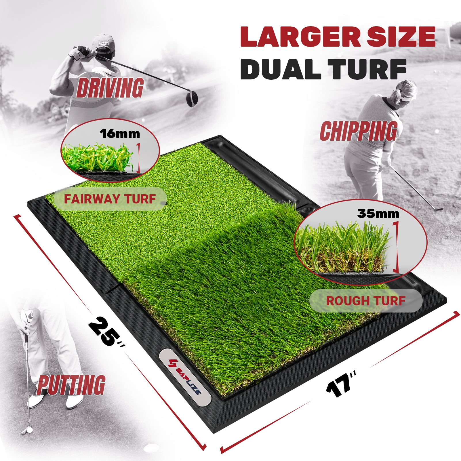 25" X 17" Large Size Golf Hitting Mat with Golf Ball Tray & Heavy Duty Base, 2-In-1 Golf Turf Grass Mat, Rough and Fairway for Hitting, Chipping and Putting Golf Practice and Training Mat