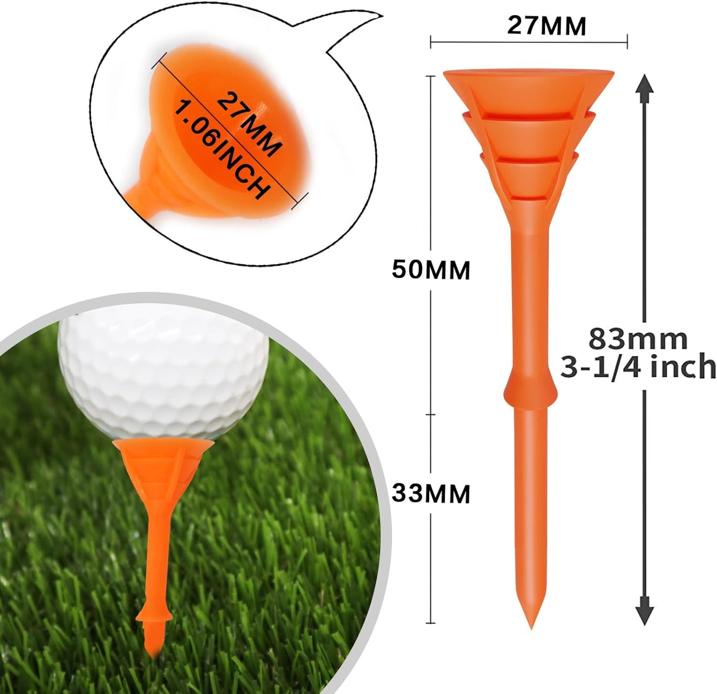 Golf Tees Plastic 3 1/4 Inch Upgrade Unbreakable Bulk 30 Pack Reduce Friction Side Spin Durable Stable 83 Mm Long Tee for Golfer Practice