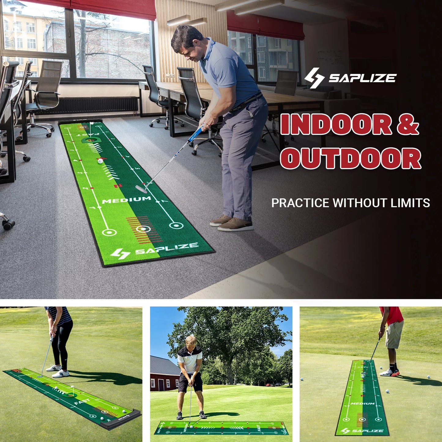 Two-Speed Golf Putting Practice Mat with Putting Alignment Mirror, 20 in X 10 Ft Putting Training Aid Mat, Anti-Slip Backing Golf Putting Green for Indoor/Outdoor