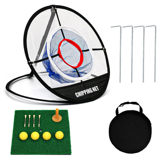 Golf Practice Chipping Net with Golf Hitting Mat, Pop up Golf Nets Portable Chipping Net Golf Target Wooden Tees Rubber Tee Holder Golf Balls Fixed Parts for Swing Training Golf Chipping Game