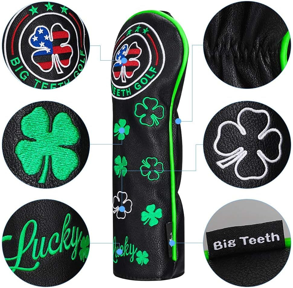 Golf Head Covers Driver Hybrid Fairway Cover Golf Club Protector Lucky Clover and USA Pattern Black (Driver Cover)