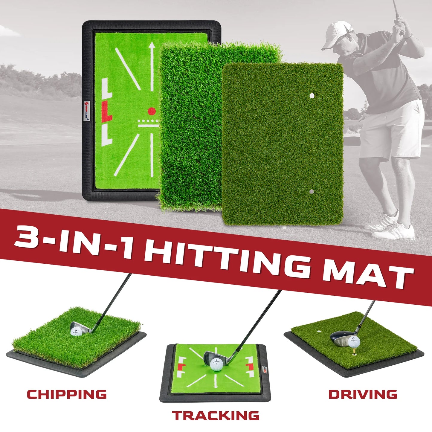 Replaceable 3-In-1 Golf Hitting Mat with Heavy Duty Base, 13" X 17" Tri-Turf (Impact Mat/Fairway/Rough) for Hitting, Chipping, Putting and Tracing Swing Path Golf Practice Mat