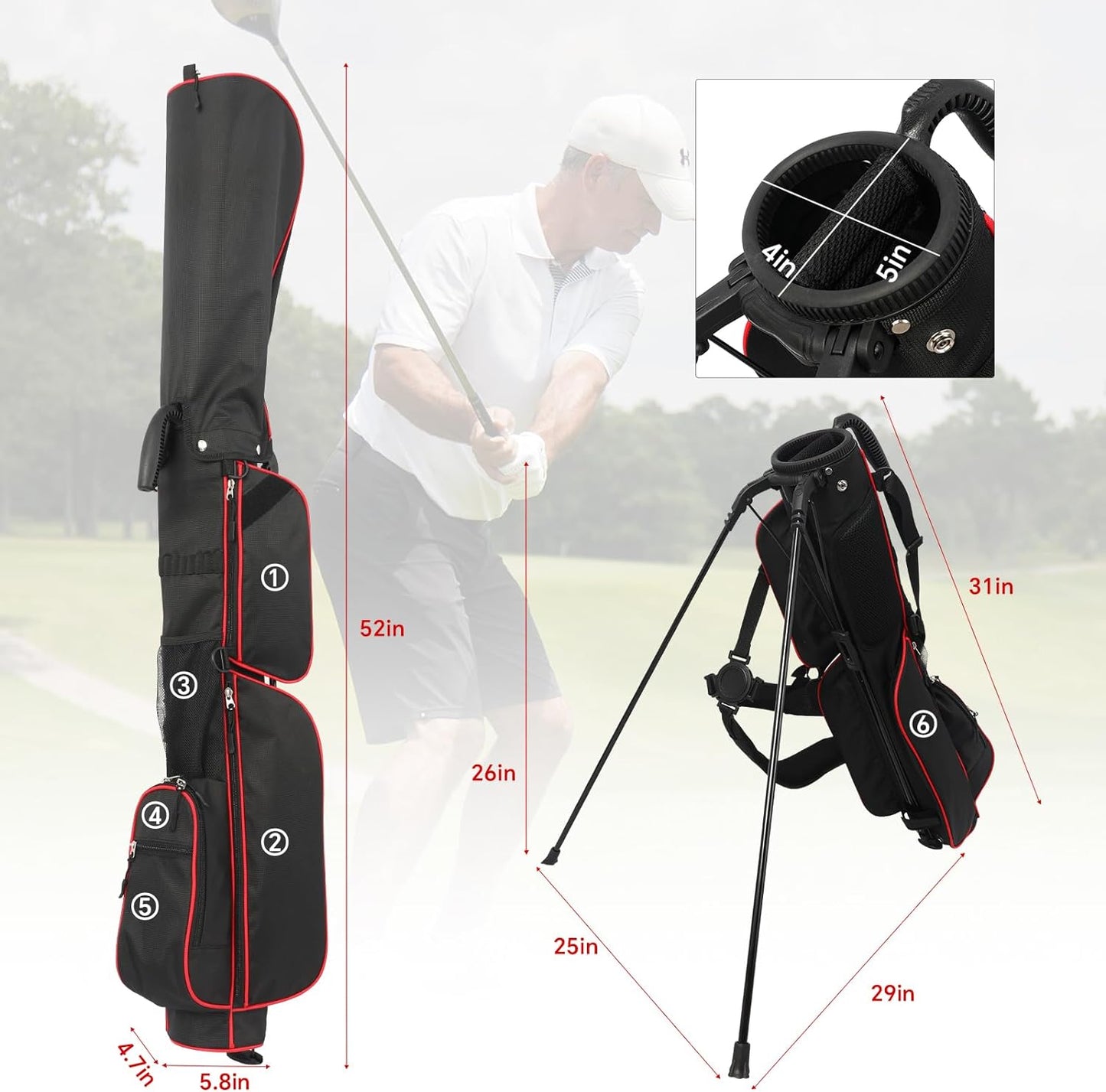 Golf Stand Bag, Lightweight Sunday Golf Bag with Rain Cover and Shoulder Strap, Portable Pitch N Putt Golf Bag, Golf Bags for Men & Womens (2 Way-Red)