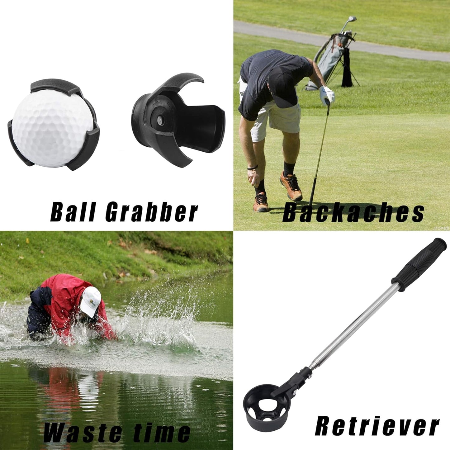 Golf Ball Retriever with 2 Golf Ball Grabbers, Stainless Extendable Golf Ball Retriever Telescopic for Water, Golf Accessories for Men, Weight: 0.55Lb