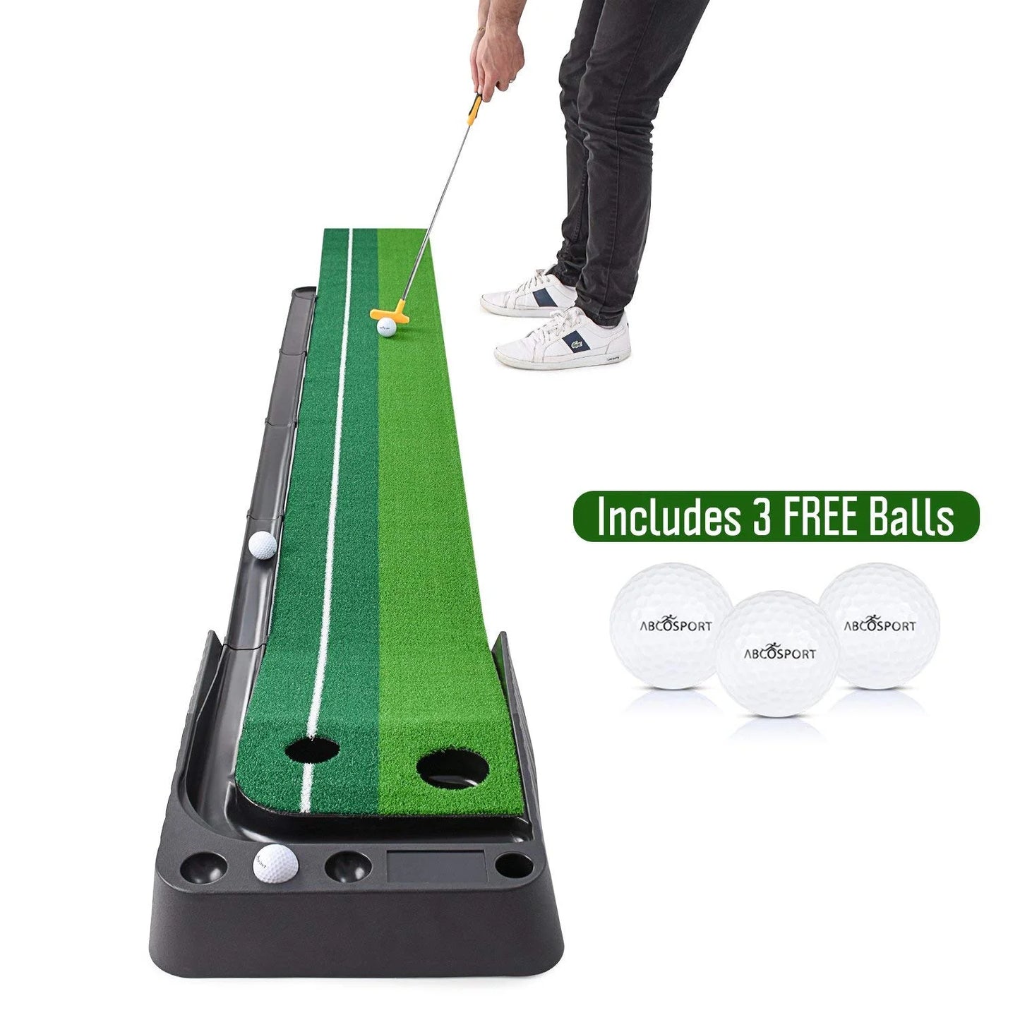 Indoor Golf Putting Practice Mat – Auto Ball Return Function – Life-Like Portable Golf Court Real-Like Grass – Extra-Long Golf Mat – 3 Bonus Balls