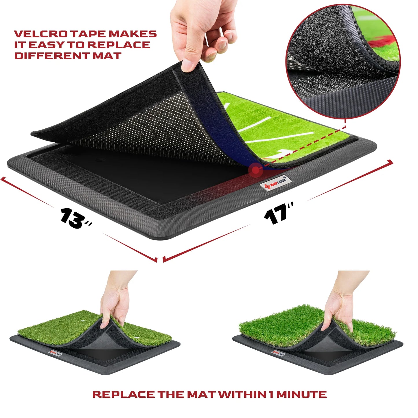 Replaceable 3-In-1 Golf Hitting Mat with Heavy Duty Base, 13" X 17" Tri-Turf (Impact Mat/Fairway/Rough) for Hitting, Chipping, Putting and Tracing Swing Path Golf Practice Mat