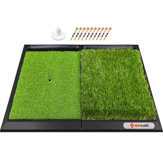 25" X 17" Large Size Golf Hitting Mat with Golf Ball Tray & Heavy Duty Base, 2-In-1 Golf Turf Grass Mat, Rough and Fairway for Hitting, Chipping and Putting Golf Practice and Training Mat